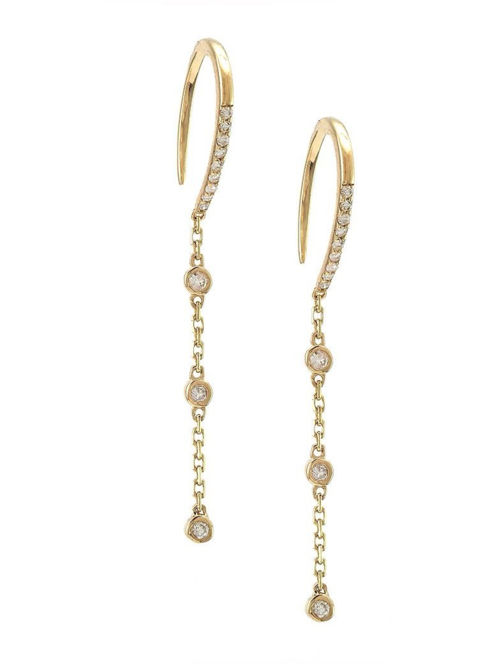 14K Real Solid Yellow Gold Natural Diamond Threader Earrings 0.12ctw 33.3mm